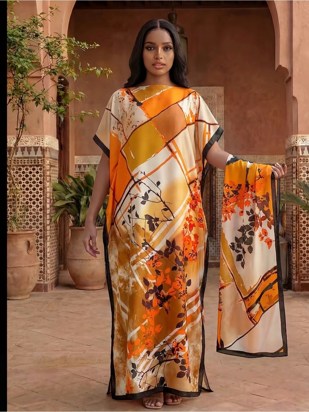Orange Floral Satin Maxi Dress with Matching Scarf